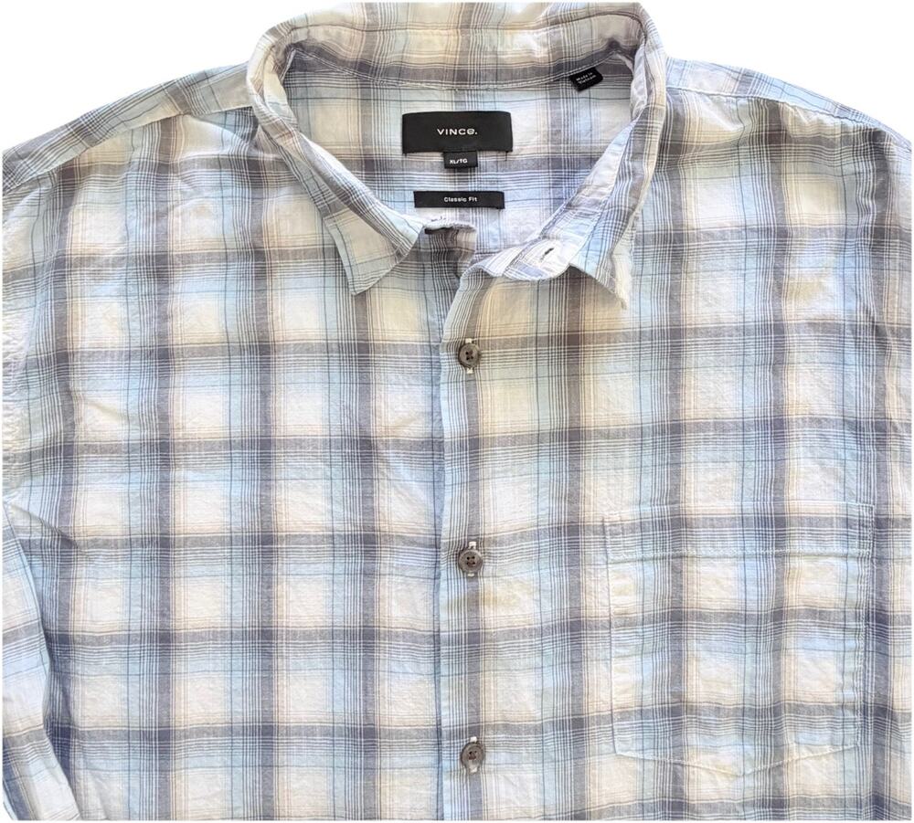Vince Mens Atwater Classic Fit Blue White Plaid Button Down Shirt XL Preppy